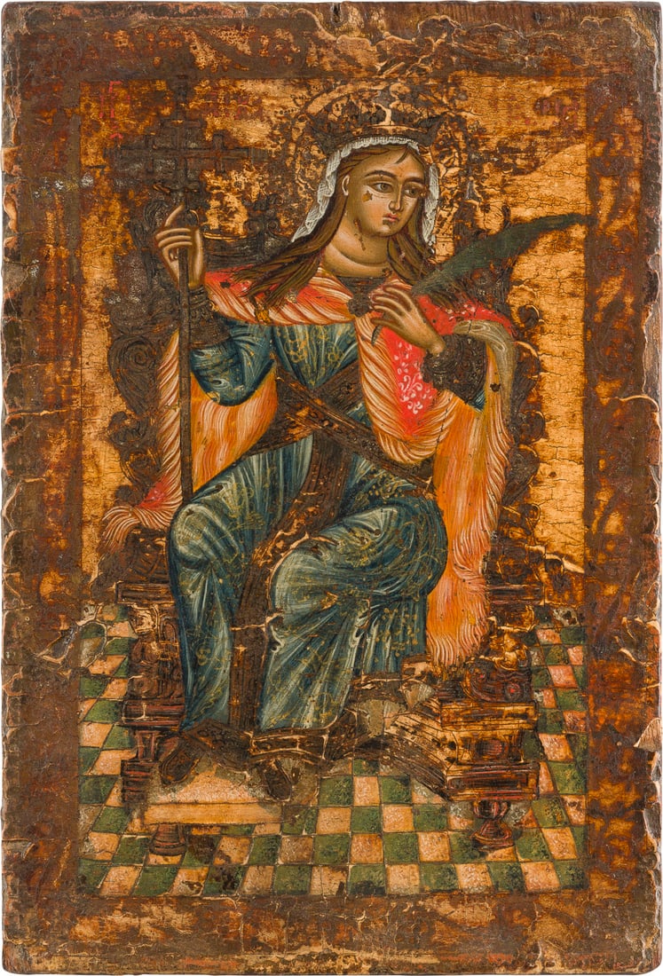 KLEINE IKONE MIT DER HEILIGEN MÄRTYRERIN KATHARINA: A SMALL ICON SHOWING THE MARTYR SAINT CATHERINE Greek, circa 1700 Tempera on wood panel. Minimal losses to the borders. 25 x 17.3 cm.KLEINE IKONE MIT DER HEILIGEN MÄRTYRERIN KATHARINA Griechenland, u