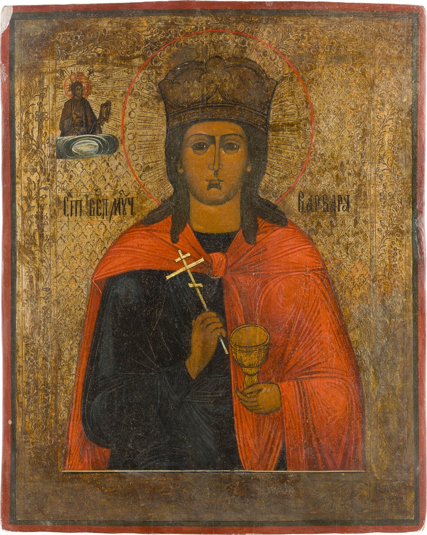 GROSSE IKONE MIT DER HEILIGEN MÄRTYRERIN BARBARA: A LARGE ICON SHOWING THE MARTYR ST. BARBARA Russian, late 19th century Tempera on wood panel. The background made of silver, covered by a golden lacquer. The background and border ornately incised. Th