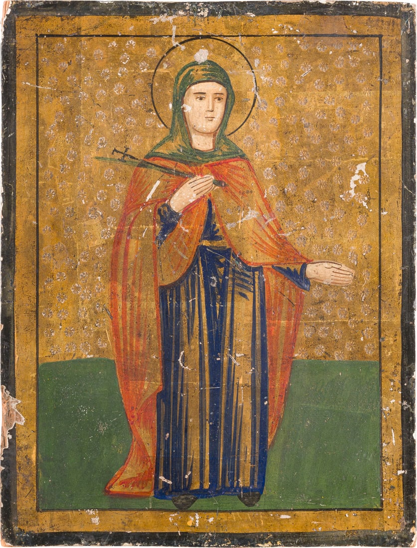 IKONE MIT EINER MÄRTYRERIN (PARASKEWA?): AN ICON SHOWING A MARTYR SAINT (ST. PARASKEVE?) Jerusalem, 19th century Tempera on wood panel. The golden background ornately punched. The edges minimally chipped. 29.8 x 22.8 cm.IKONE MIT EINER MÄRT