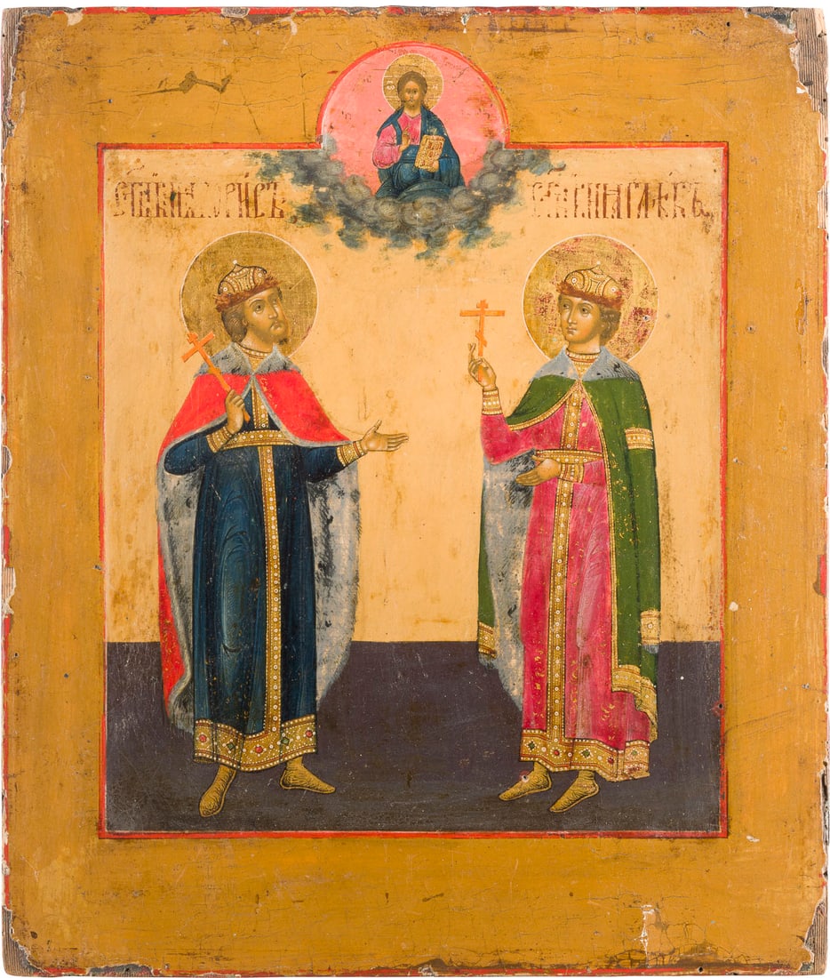 FEINE IKONE MIT DEN HEILIGEN BORIS UND GLEB: A FINE ICON SHOWING STS. BORIS AND GLEB Russian, 1st half 19th century Tempera on wood panel. The haloes and the garments made of gold. Damages to the edges. 31 x 26.7 cm.FEINE IKONE MIT DEN HEILIGEN 
