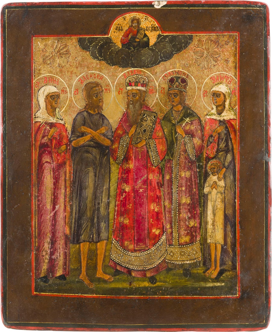 PATRONATSIKONE MIT SECHS FAMILIENHEILIGEN: AN ICON SHOWING SIX SELECTED FAMILY PATRON SAINTS Russian, 19th century Tempera on wood panel. The background made of gold. Restorations. 27 x 22.4 cm.PATRONATSIKONE MIT SECHS FAMILIENHEILIGEN Russlan
