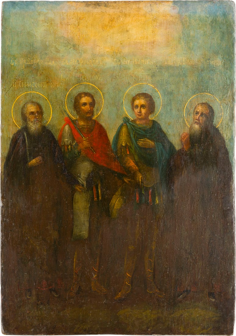 GROSSE IKONE MIT VIER AUSGEWÄHLTEN HEILIGEN, DARUNTER DIE KRIEGERHEILIGEN THEODOR UND JOHANNES: A LARGE ICON SHOWING FOUR SELECTED SAINTS, STS. JOHN AND THEODORE THE WARRIORS AMONG THEM Russian, 19th century Oil on wood panel. Minimally restored. 44.7 x 31.3 cm.GROSSE IKONE MIT VIER AUSGEWÄHLTE