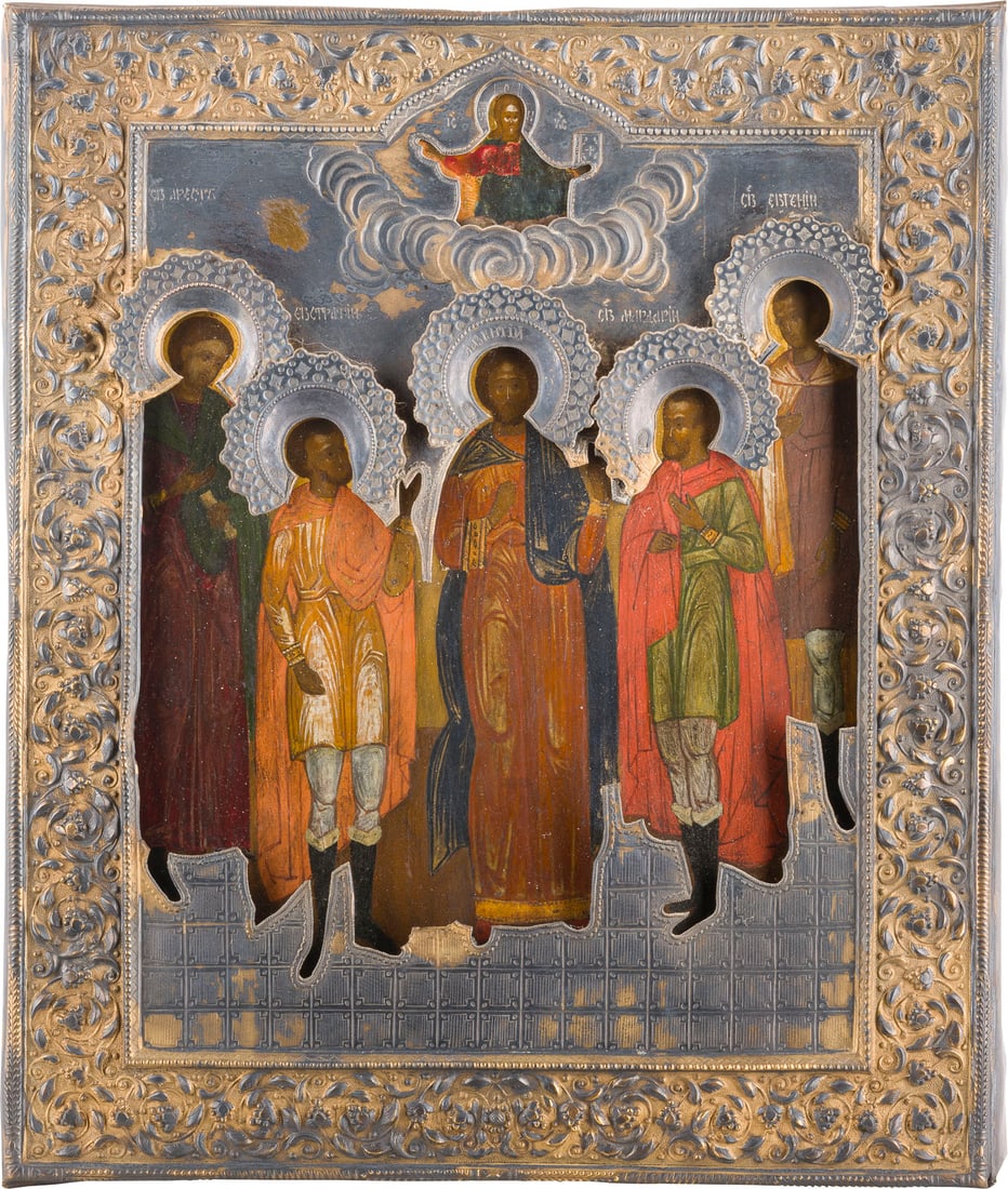 FEINE IKONE MIT DEN FÜNF HEILIGEN VON SEBASTE MIT VERMEIL-RIZA: A FINE ICON SHOWING THE FIVE MARTYRS OF SEBASTE WITH A SILVER-GILT RIZA Russian, 19th century (icon), Russian, Moscow, 1884 (riza) Tempera on wood panel. The haloes made of gold. he depicted saints ar