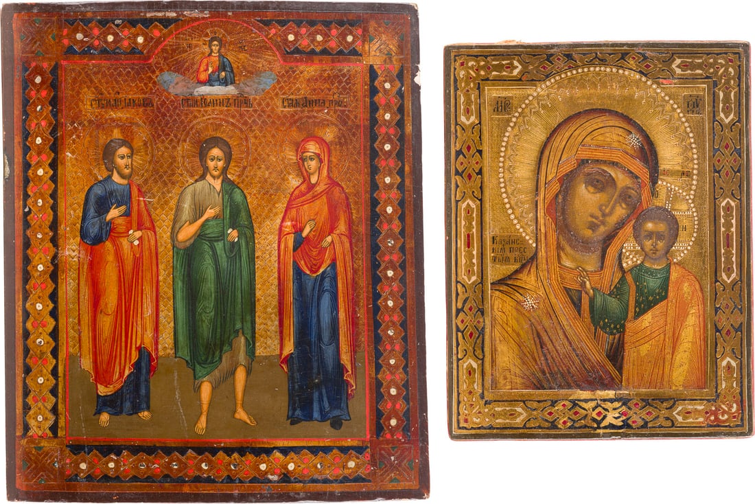 ZWEI IKONEN: GOTTESMUTTER VON KASAN UND PATRONATSIKONE MIT DREI HEILIGEN: TWO ICONS SHOWING THE KAZANSKAYA MOTHER OF GOD AND AN ICON WITH THREE SELECTED SAINTS Russian, late 19th century Tempera on wood panels. The background made of silver and gold. The borders painted wit