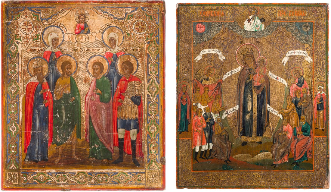 ZWEI IKONEN: GOTTESMUTTER 'FREUDE ALLER LEIDENDEN' UND PATRONATSIKONE MIT SECHS HEILIGEN: TWO ICONS SHOWING THE MOTHER OF GOD 'JOY TO ALL WHO GRIEVE' AND AN ICON SHOWING SIX SELECTED SAINTS Russian, 2nd half 19th century Tempera on wood panels. The gold ground punched, the border decorated