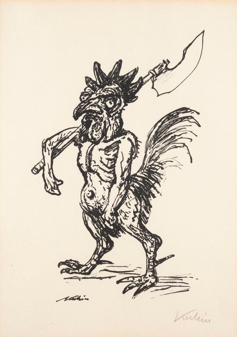 ALFRED KUBIN - 'KAMPFHAHN' (1918): ALFRED KUBIN 1877 Leitmeritz/Boehmen - 1959 Wernstein am Inn 'FIGHTING COCK' (1918) Lithograph on handwoven paper. Visible size 24,5 x 18 cm. (f. 48 x 38 cm). Signed in pencil lower right. Verso: insc