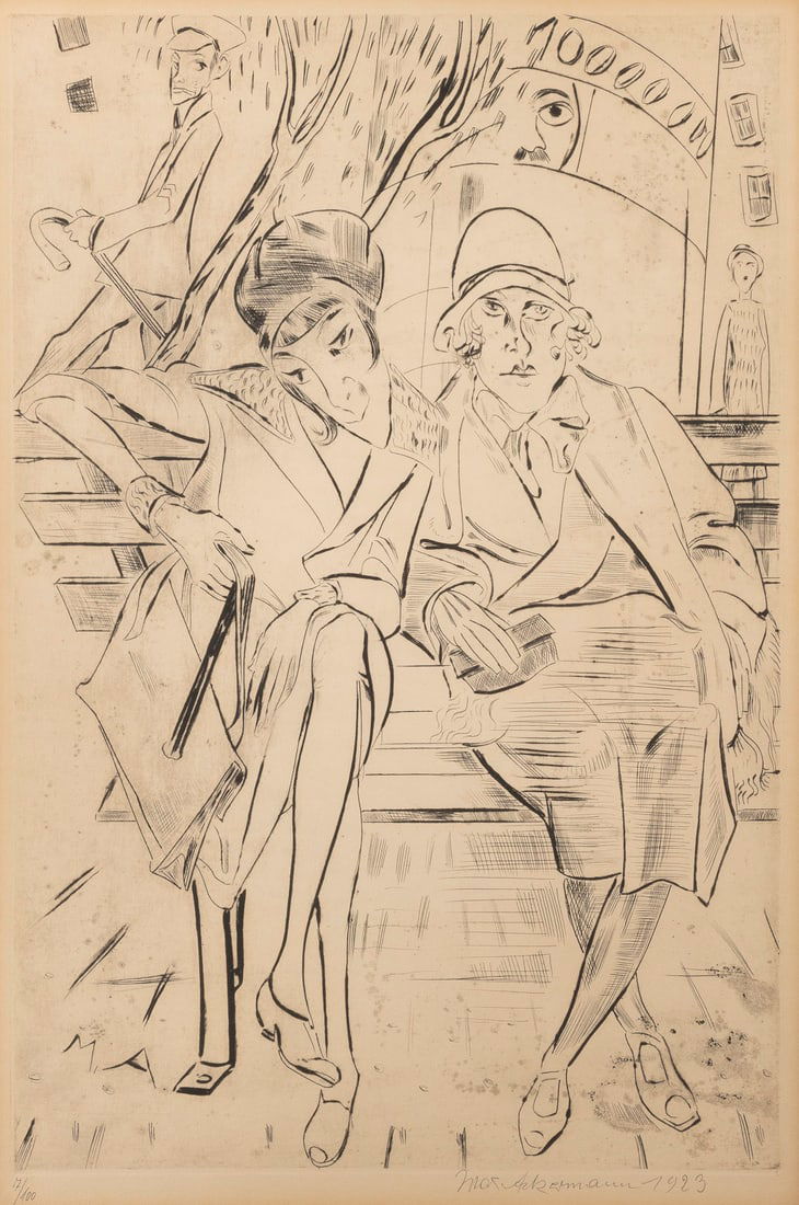 MAX ACKERMANN - 'AUF DER PARKBANK' (1923): MAX ACKERMANN 1887 Berlin - 1975 Stuttgart 'ON THE PARK BENCH' (1923) Drypoint on vellum. Print size 49,5 x 33 cm, visible size 53,5 x 36 cm. (f. 84 x 64 cm). Signed and dated in pencil lower right an