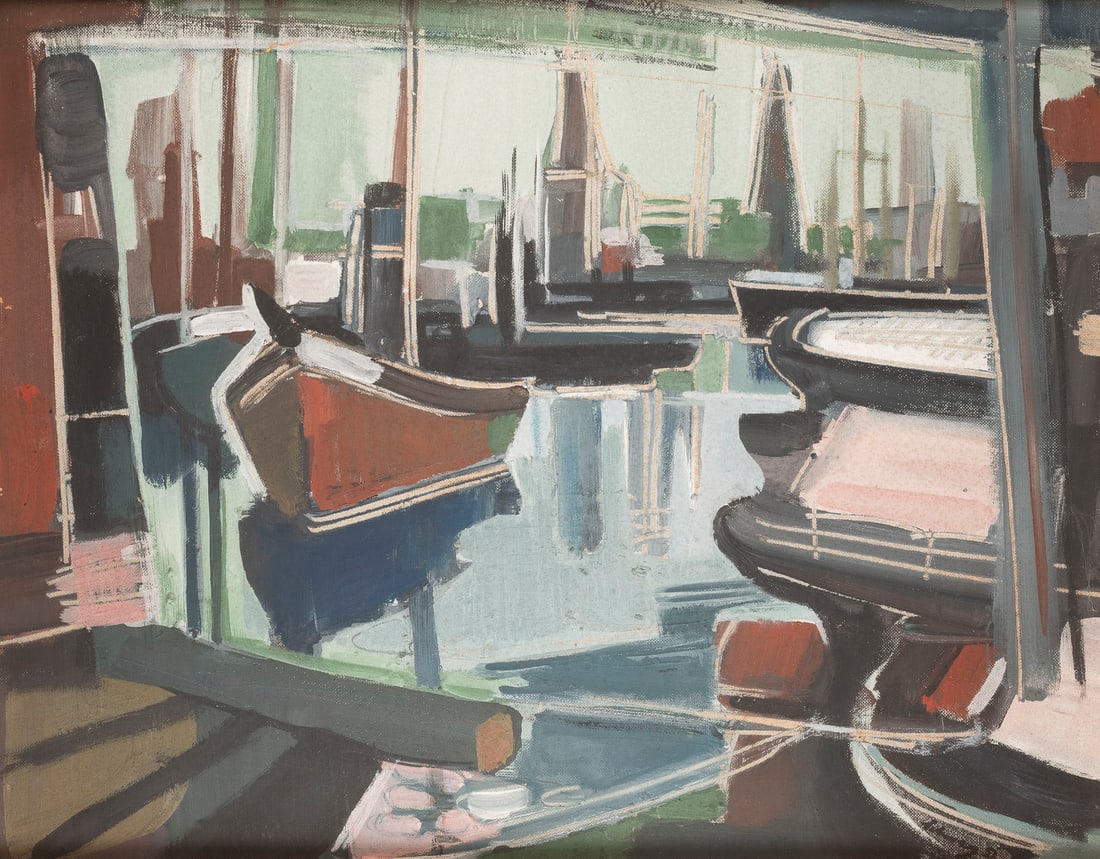 HEINRICH SCHWARZ - 'BINNENHAFEN' (1952): HEINRICH SCHWARZ 1903 Berlin - 1977 Steinkimmen 'INNER HARBOUR' (1952) Oil on hardboard. 80 x 100 cm (f. 80 x 100 cm). Signed and dated lower right. Verso: inscr. Part. dam., part. slightly soiled. Fr