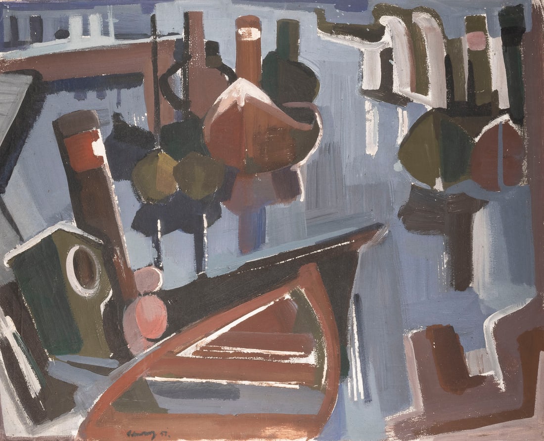 HEINRICH SCHWARZ - 'HAFEN' (1951): HEINRICH SCHWARZ 1903 Berlin - 1977 Steinkimmen 'HARBOUR' (1951) Oil on canvas. 80,5 x 100 cm (f. 109 x 90,5 cm). Signed and dated lower left. Verso: Inscr. on frame moulding. Part. with craquelure, p