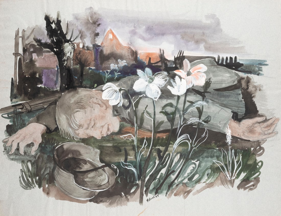 HEINRICH SCHWARZ - 'DER TOTE SOLDAT' (1944): HEINRICH SCHWARZ 1903 Berlin - 1977 Steinkimmen 'THE DEAD SOLDIER' (1944) Watercolour on Ingres paper, with watermark. 51 x 66 cm. Signed and dated lower centre. Titled, dated and inscribed on the rev