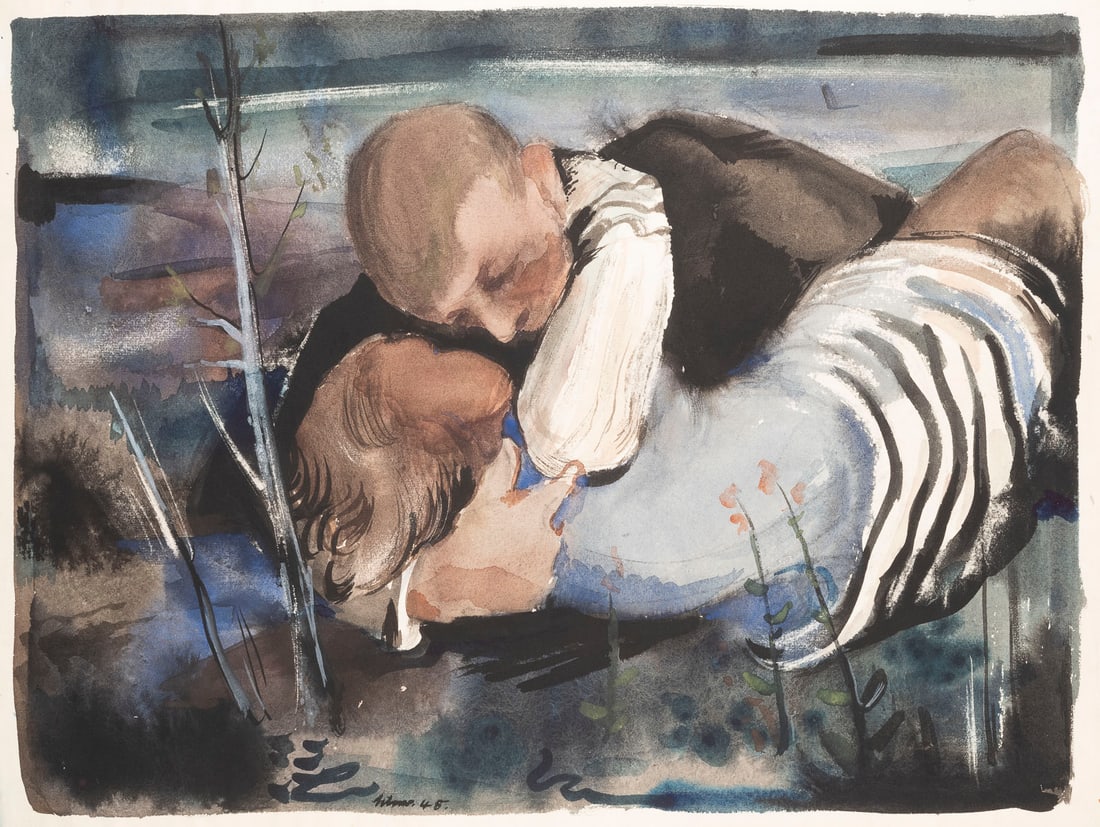 HEINRICH SCHWARZ - 'LIEBESPAAR' (1945): HEINRICH SCHWARZ 1903 Berlin - 1977 Steinkimmen 'LOVERS' (1945) Watercolour on Ingres paper, with watermark. 48 x 63 cm. Signed and dated lower centre. Titled, dated and inscribed on the reverse. Smal