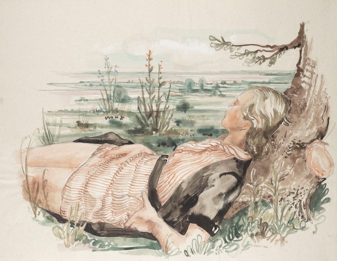 HEINRICH SCHWARZ - 'RUHENDE FRAU' (1944): HEINRICH SCHWARZ 1903 Berlin - 1977 Steinkimmen 'RESTING WOMAN' (1944) Watercolour on Ingres paper, with watermark. 51 x 66 cm. Signed and dated lower centre. Titled, dated and inscribed on the revers