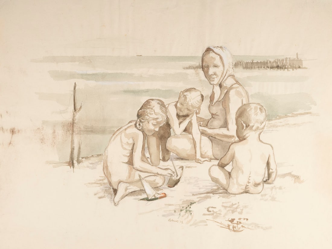 HEINRICH SCHWARZ - 'FAMILIENBILD (FAM. SCHWARZ)' (1939): HEINRICH SCHWARZ 1903 Berlin - 1977 Steinkimmen 'FAMILY IMAGE (FAM. SCHWARZ)' (1939) Watercolour on Ingres paper, with watermark. 48 x 63 cm. Signed and dated lower centre. Titled and inscribed on the