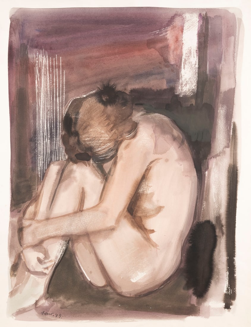 HEINRICH SCHWARZ - 'AKT' (1949): HEINRICH SCHWARZ 1903 Berlin - 1977 Steinkimmen 'ACT' (1949) Watercolour on firm paper. 65 x 50 cm. Signed and dated lower left. Titled, dated and inscribed on the reverse. Small pinholes in the corne