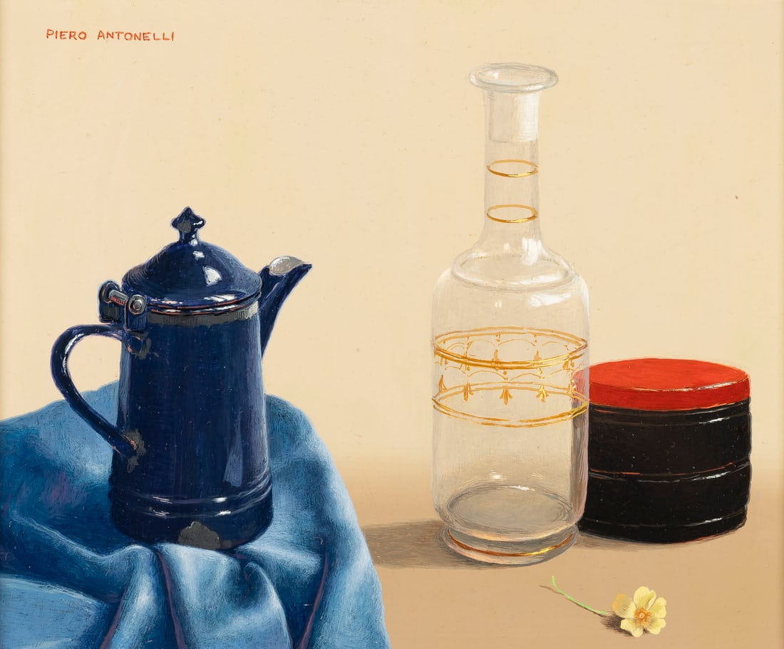 PIERO ANTONELLI - DREI STILLLEBEN: PIERO ANTONELLI 1916 Falerone, Italy - 1989 THREE STILL LIFES Oil on panel. 30,5 x 25,5 cm (f. 37,5 x 32,5 cm) / 25 x 30 cm (f. 32 x 37 cm) / 25 x 30 cm (f. 34 x 39 cm). Signed upper left. Part. minim