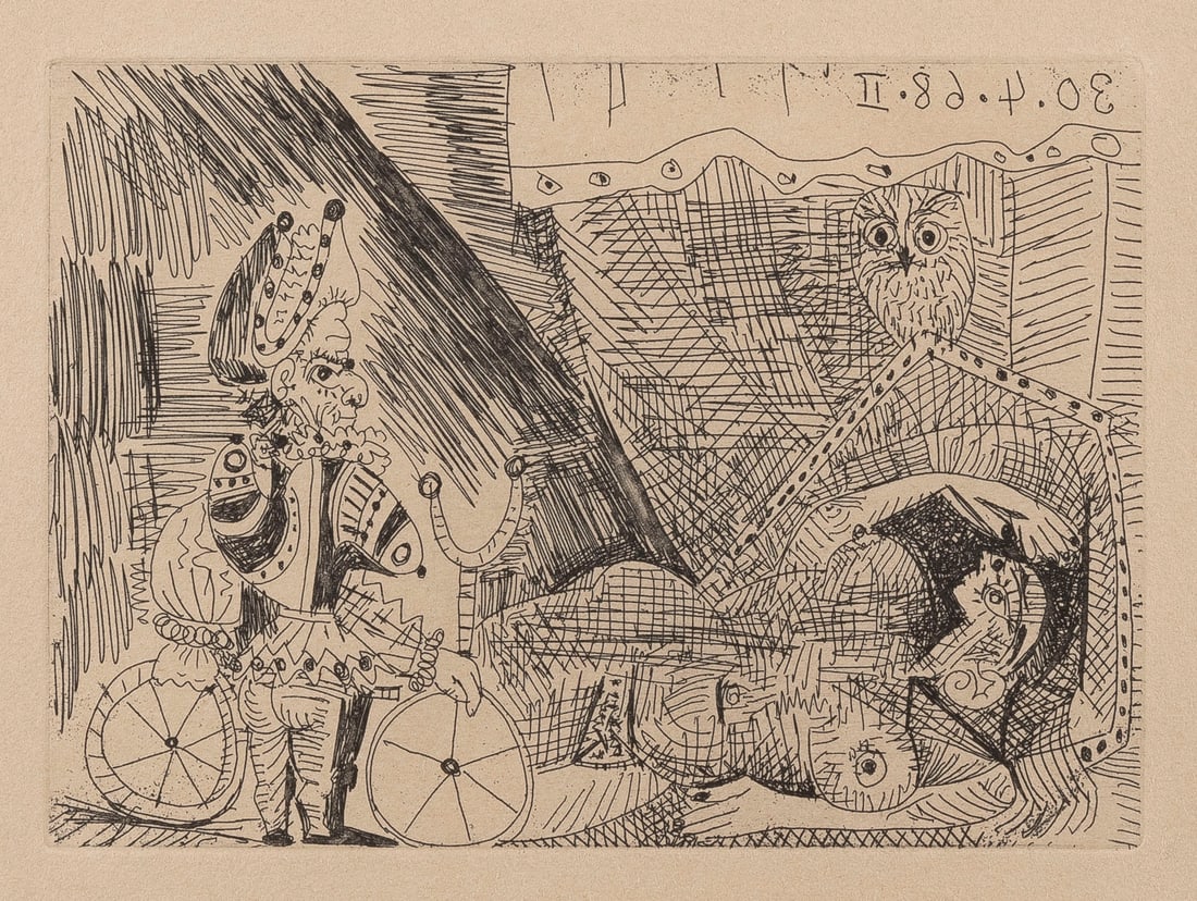 PABLO PICASSO - KONVOLUT VON 4 RADIERUNGEN AUS 'LA CELESTINE' (1968): PABLO PICASSO 1881 Málaga - 1973 Mougins SET OF 4 ETCHING FROM 'LA CELESTINE' (1968) Each etching on vellum, with watermark 'La Celestine'. Print size 8,8 x 12,3 cm / 13,6 x 10,7 / 8;9 x 12,2 cm / 8,