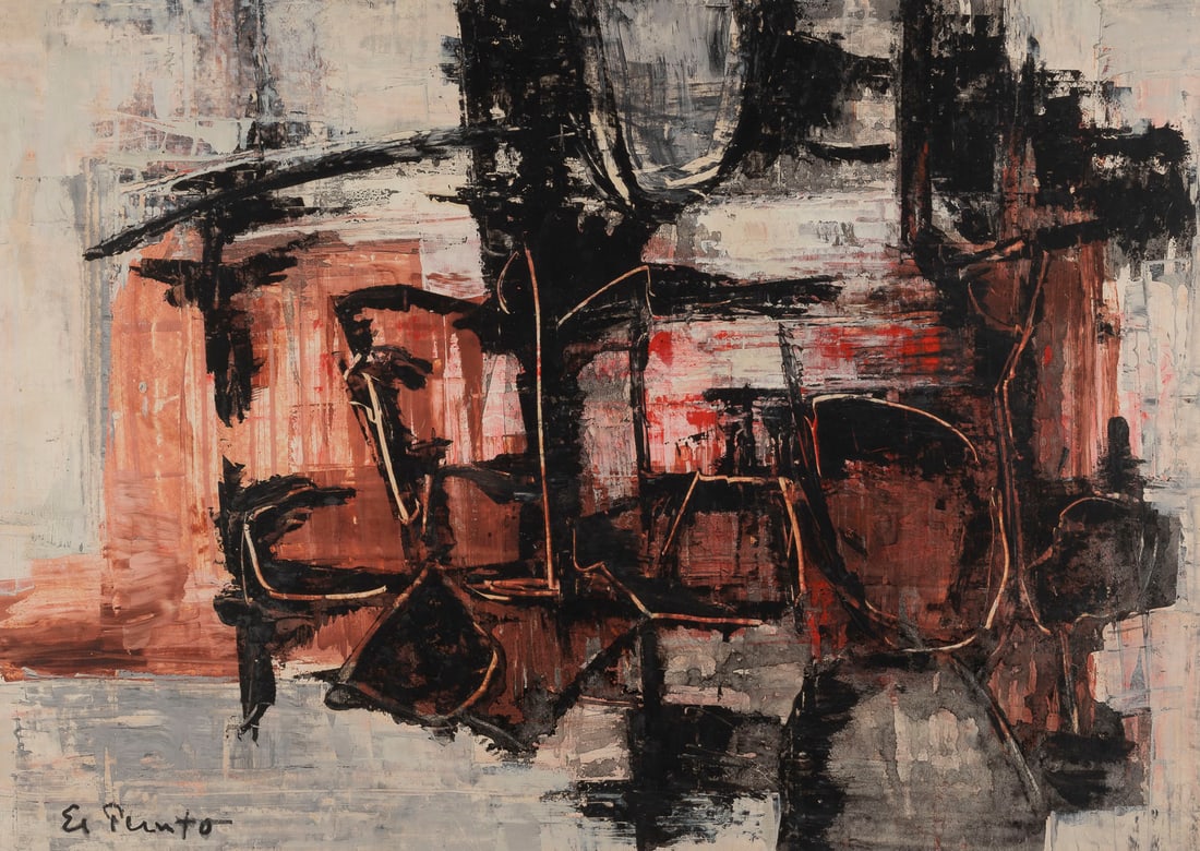 FRANK EL PUNTO - OHNE TITEL: FRANK EL PUNTO 1909 Mainz - 1972 Ibiza City, Balearic Islands UNTITLED Mixed media on light cardboard. 50,5 x 69 cm (56 x 74 cm). Signed lower left. With slight traces of creasing, edges part. min. bu