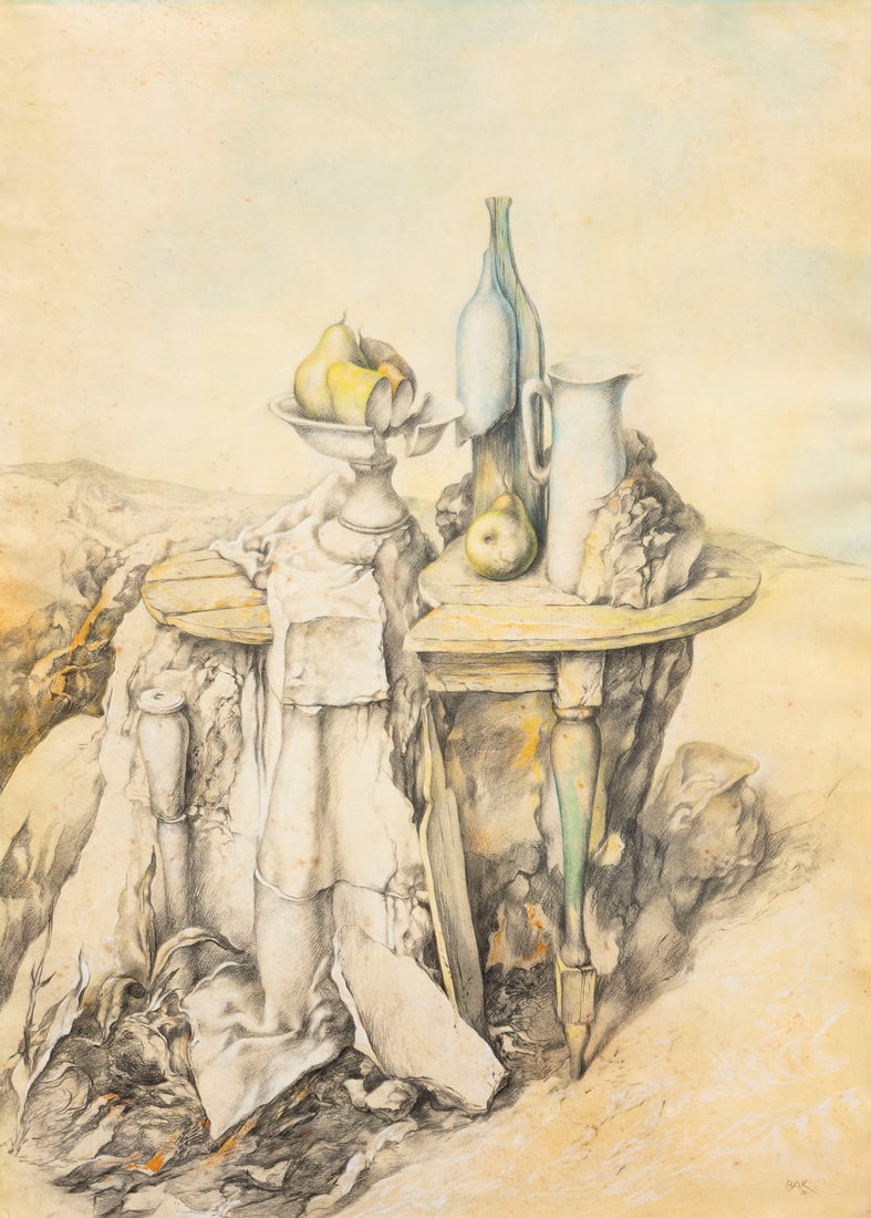 SAMUEL BAK - 'STILL-LIFE WITH PEARS (STILLLEBEN MIT BIRNEN)' (1976): SAMUEL BAK 1933 Vilnius, Lithuania 'STILL-LIFE WITH PEARS' (1976) Gouache, chalk on laid paper, on cardboard. Sheet size 105 x 75 cm (Passepartout 130 x 100 cm). Signed and dated in pencil lower right