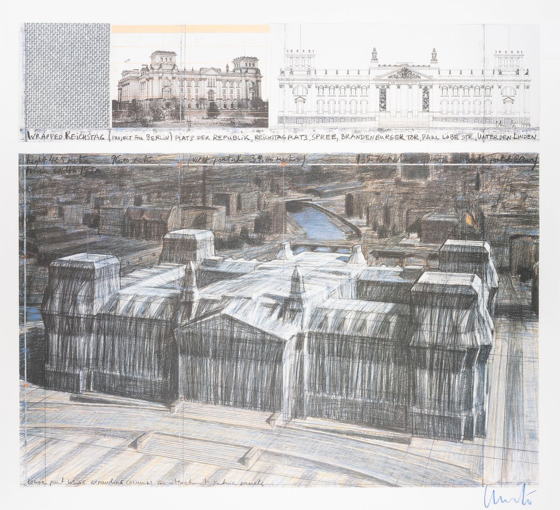 CHRISTO & JEANNE-CLAUDE - 'WRAPPED REICHSTAG': CHRISTO & JEANNE-CLAUDE 1935 Gabrowo, Bulgaria bzw. Casablanca - 2020 bzw. 2009 New York City 'WRAPPED REICHSTAG' Offset lithograph. Print size 62 x 69,5 cm, visible size 68,5 x 75 cm (f. 88 x 98 cm).