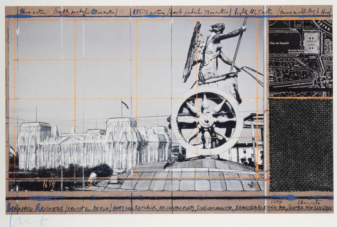 CHRISTO & JEANNE-CLAUDE - 'WRAPPED REICHSTAG' (1994): CHRISTO & JEANNE-CLAUDE 1935 Gabrowo, Bulgaria bzw. Casablanca - 2020 bzw. 2009 New York City 'WRAPPED REICHSTAG' (1994) Colour offset with silver foil on light cardboard. Print size 35,5 x 55,5 cm, v