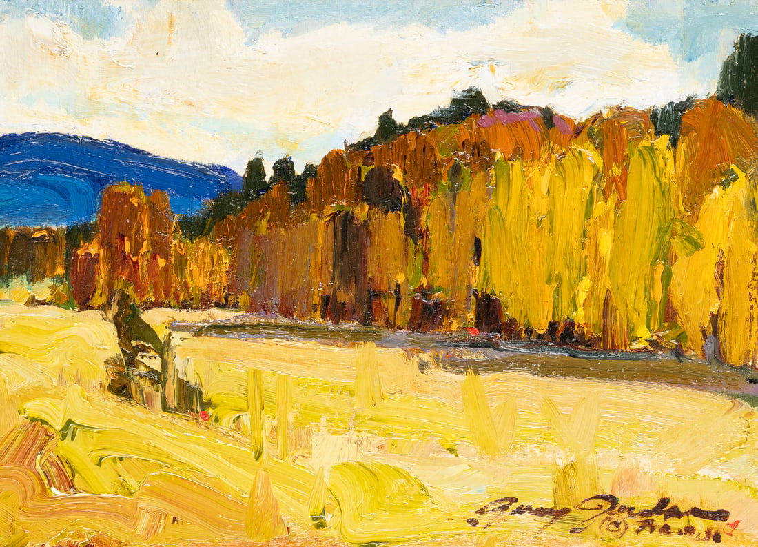 JERRY JORDAN - 'AUTUMN CHANGES' (2005): JERRY JORDAN 1944 United States 'AUTUMN CHANGES' (2005) Oil on panel. 12,5 x 17,5 cm (f. 23 x 28 cm). Signed and inscribed lower right. Verso: Dated, titled and inscr. with measurements. Frame. Proven