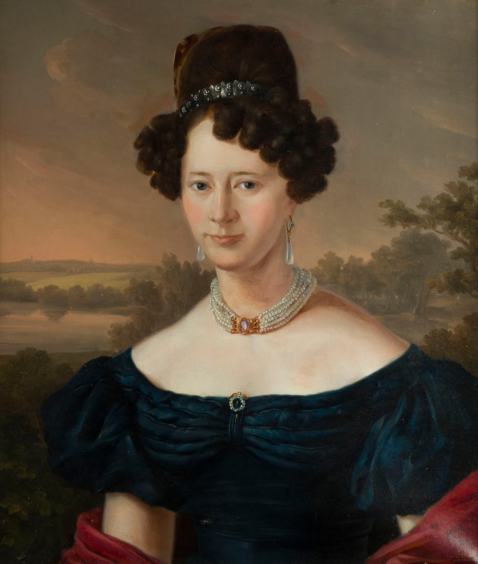 OSWALD ACHENBACH ZWEI PORTRAeTS EINES EHEPAARS: OSWALD ACHENBACH 1827 Duesseldorf - 1905 Duesseldorf TWO PORTRAITS OF A COUPLE Oil on canvas. 62 x 52 cm (F. 74 x 64.5 cm). Lady's portrait signed 'Achenbach pinx'. Lady's portrait partially retouched