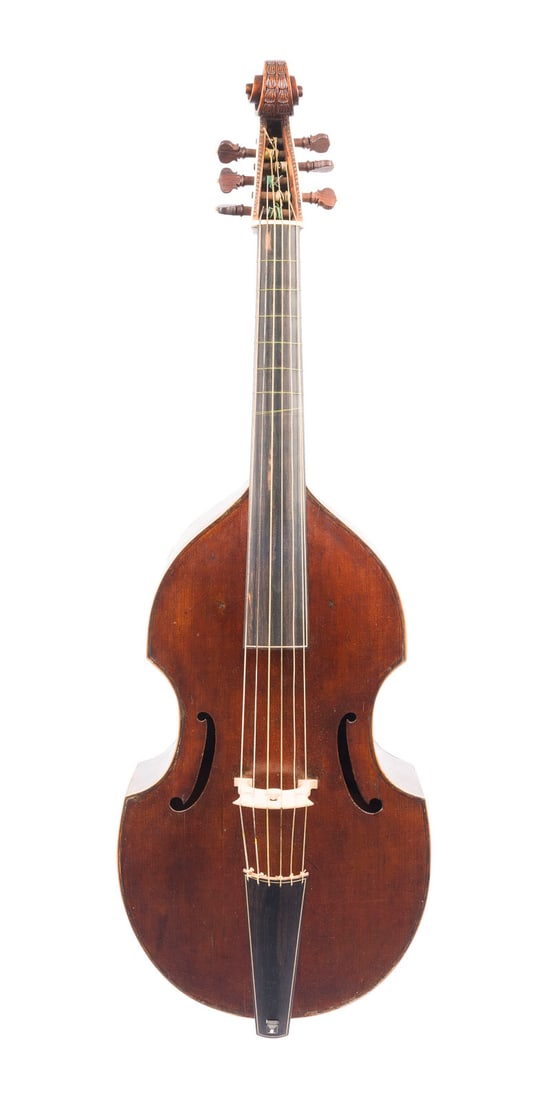 BASS VIOLA DA GAMBA 'GIOVANNI FIORILLO'* UND GAMBENBOGEN 'HELLWIG': BASS VIOLA DA GAMBA 'GIOVANNI FIORILLO'* AND VIOLA DA GAMBA BOW 'HELLWIG' Probably Italy, 18th century Two-piece spruce top and maple back, dark reddish varnish, ebony handle, ivory bridge, in case. L