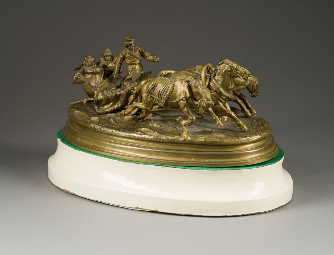 VASILY YAKOVLEVICH GRACHEV: VASILY YAKOVLEVICH GRACHEV 1831 Berestyanki - 1905 St. Petersburg A BRONZE GROUP OF A WINTER TROIKA Russian, St. Petersburg, late 19th century Realistically cast and chiselled, on the oval wooden plin