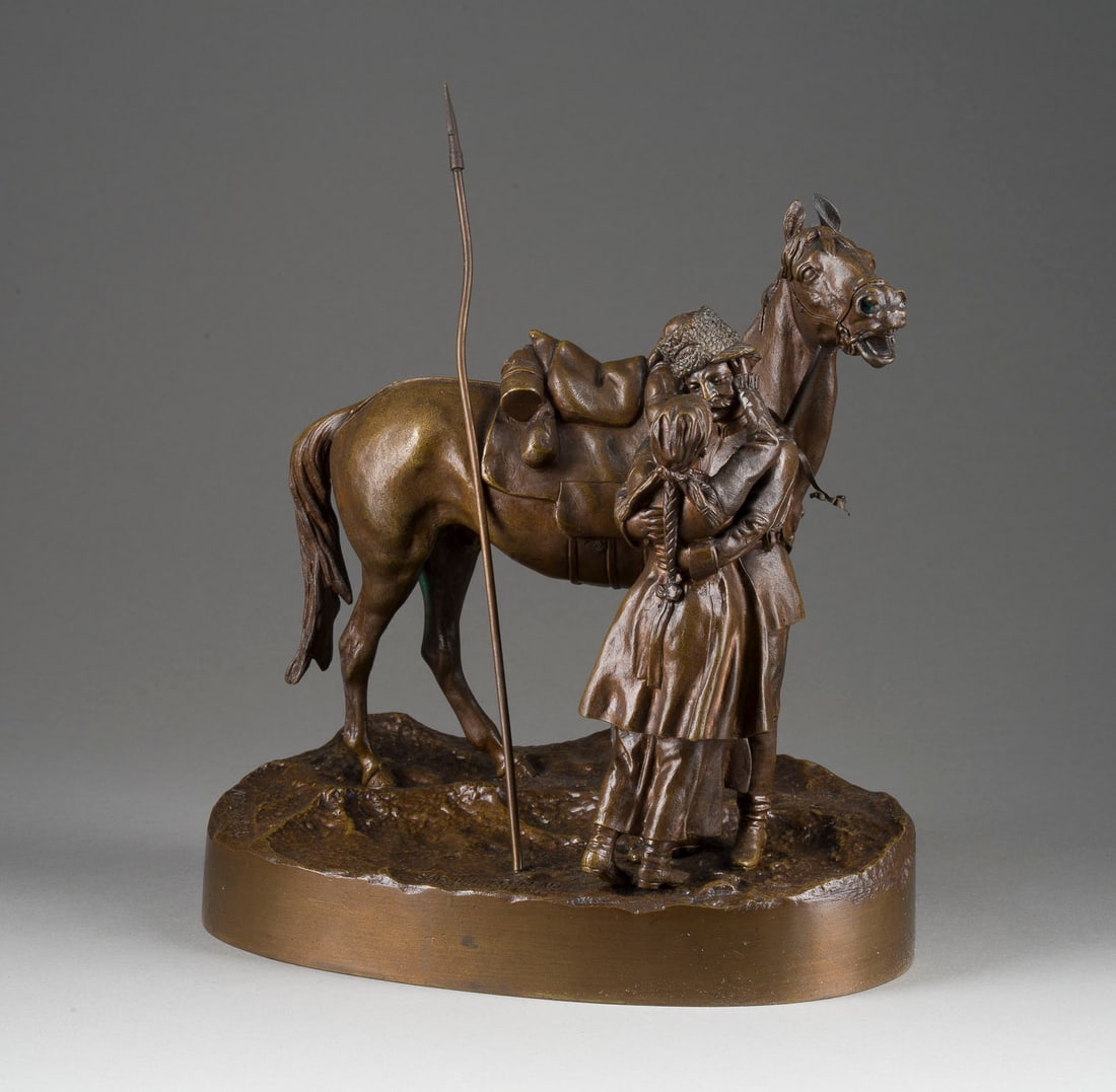 VASILY YAKOVLEVICH GRACHEV: VASILY YAKOVLEVICH GRACHEV 1831 Berestyanki - 1905 St. Petersburg A BRONZE GROUP OF A COSSACK RETURNING HOME ALIVE Russian, St. Petersburg, after 1893 Realistically cast and chiselled, brown patina. S