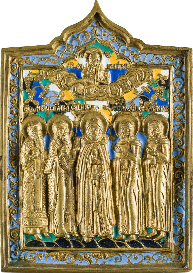 A BRASS AND ENAMEL ICON SHOWING STS. MODESTUS, BLASIUS, NIL,: A BRASS AND ENAMEL ICON SHOWING STS. MODESTUS, BLASIUS, NIL, FLORUS AND LAURUS Russian, 19th century Cast in relief, six-colour enamelled. Enamel min. chipped. 14.5 cm high. BRONZE-IKONE MIT DEN HEILI