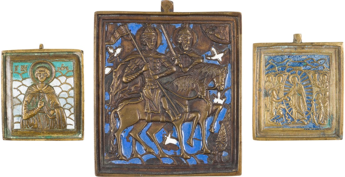 A COLLECTION OF THREE BRASS ICONS DEPICTING THE DESCENT OF CHRIST INTO HELL, STS. BORIS: A COLLECTION OF THREE BRASS ICONS DEPICTING THE DESCENT OF CHRIST INTO HELL, STS. BORIS AND GLEB AND ST. VARUS Russian, 19th century Cast in relief, multi-coloured enamelled. Enamel partially chipped.