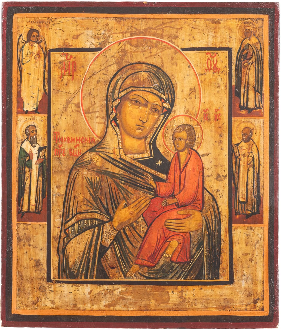 A SMALL ICON SHOWING THE TIKHVINSKAYA MOTHER OF GOD: A SMALL ICON SHOWING THE TIKHVINSKAYA MOTHER OF GOD Russian, 19th century Tempera on wood panel. The background made of silver, covered by a golden lacquer. Four selected saints on the borders, the Gu