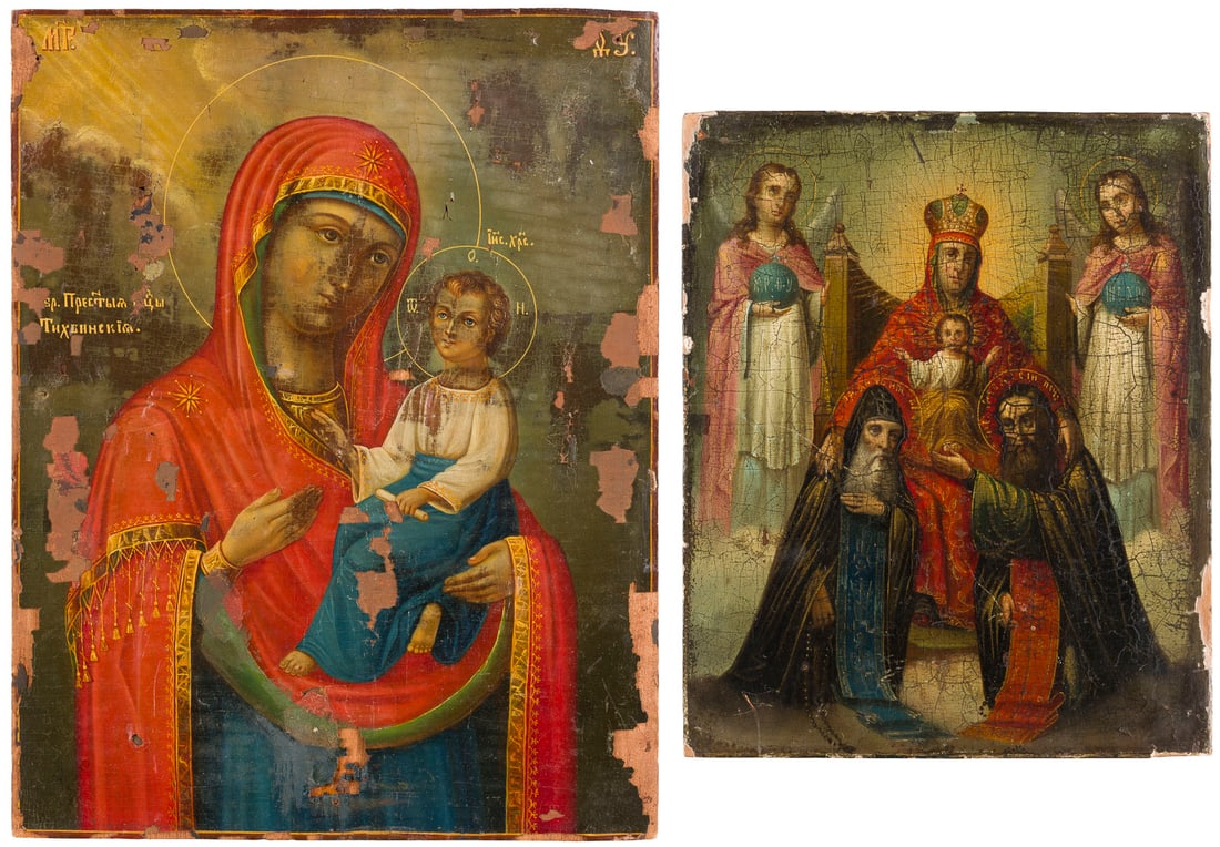 TWO ICONS SHOWING THE MOTHER OF GOD OF THE KIEV CAVES AND THE TIKHVINSKAYA MOTHER OF GOD: TWO ICONS SHOWING THE MOTHER OF GOD OF THE KIEV CAVES AND THE TIKHVINSKAYA MOTHER OF GOD Russian, 19th century Oil on wood panels. Paint blisterings, losses. 26.6 x 22 cm / 33.8 x 26.4 cm. ZWEI IKONEN