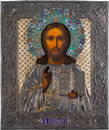 A VERY FINE ICON SHOWING CHRIST PANTOKRATOR WITH A SILVER PARCEL-GILT AND CLOISONNÉ ENAMEL