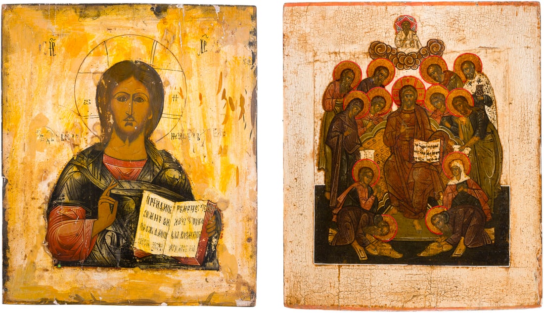 TWO ICONS: CHRIST PANTOKRATOR AND EXTENDED DEISIS: TWO ICONS: CHRIST PANTOKRATOR AND EXTENDED DEISIS Russian, 19th century Tempera on wood panel. The background and border stripped to gesso, restorations. 30.7 x 26 cm / 30.7 x 26 cm.Zeichen(10)ZWEI IK
