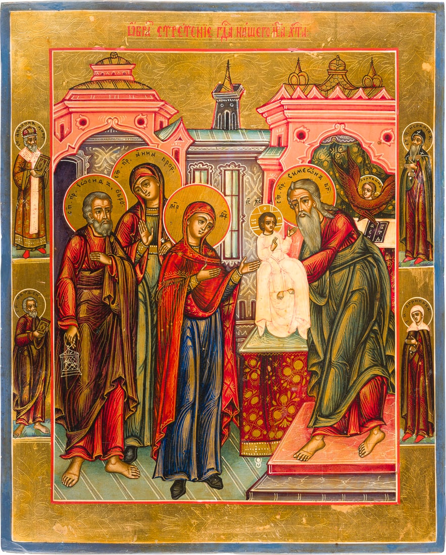 A LARGE ICON SHOWING THE PRESENTATION OF CHRIST IN THE TEMPLE: A LARGE ICON SHOWING THE PRESENTATION OF CHRIST IN THE TEMPLE Russian, Vetka, 19th century Tempera on wood panel. The background made of silver, covered by a golden lacquer. The borders engraved with 