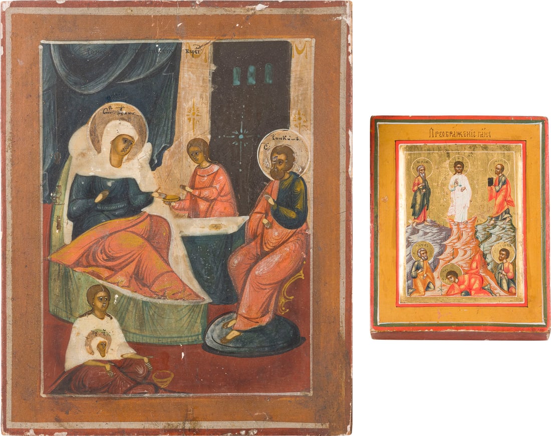 TWO ICONS: A MINIATURE ICON SHOWING THE TRANSFIGURATION OF CHRIST AND THE NATIVITY OF THE: TWO ICONS: A MINIATURE ICON SHOWING THE TRANSFIGURATION OF CHRIST AND THE NATIVITY OF THE MOTHER OF GOD Russian, 19th century Tempera on wood panels. The background made of gold and of silver. The edg