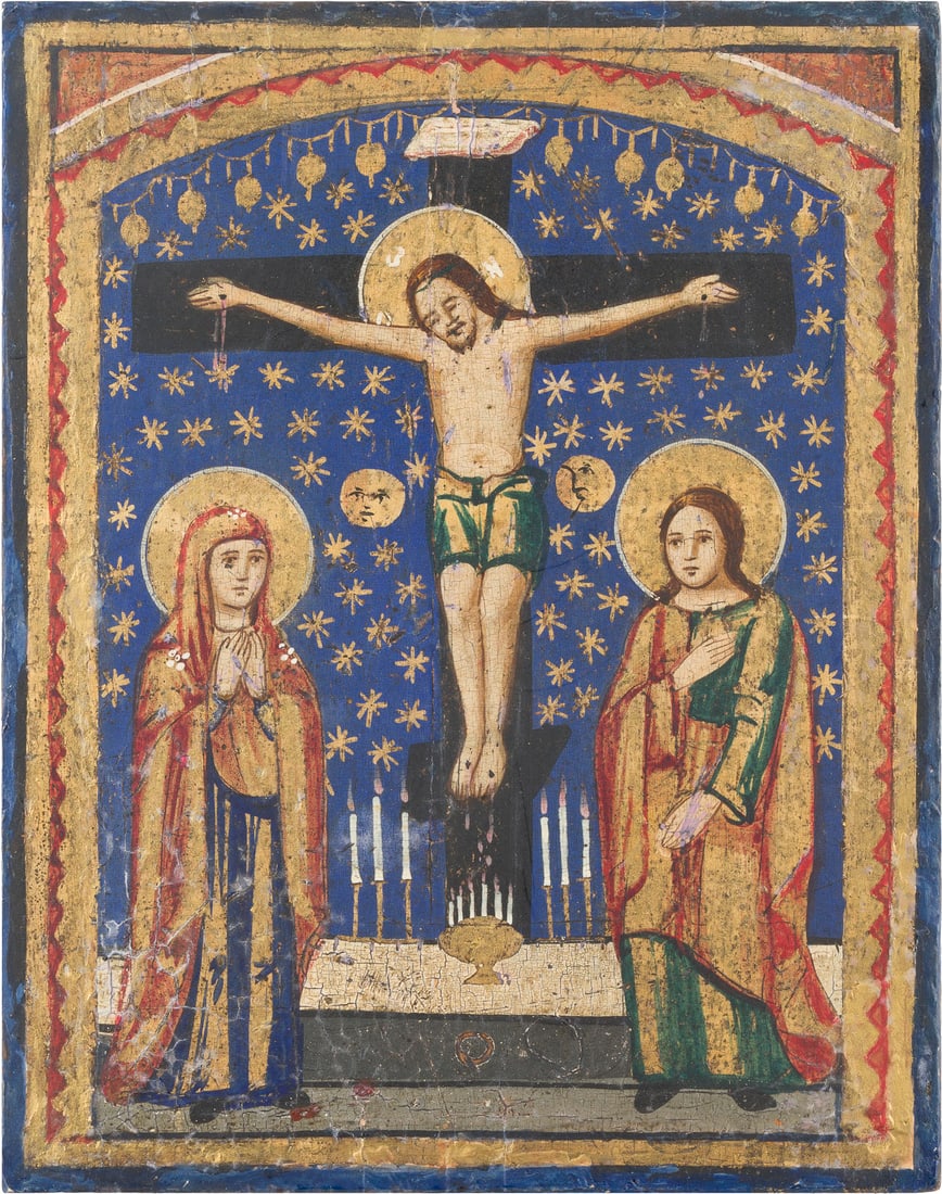 A SMALL ICON SHOWING THE CRUCIFIXION OF CHRIST: A SMALL ICON SHOWING THE CRUCIFIXION OF CHRIST Jerusalem, 19th century Tempera on wood panel. The haloes and borders made of gold. Partially restored. On the reverse Cyrillic stamp. 21 x 16.5 cm.Zeich