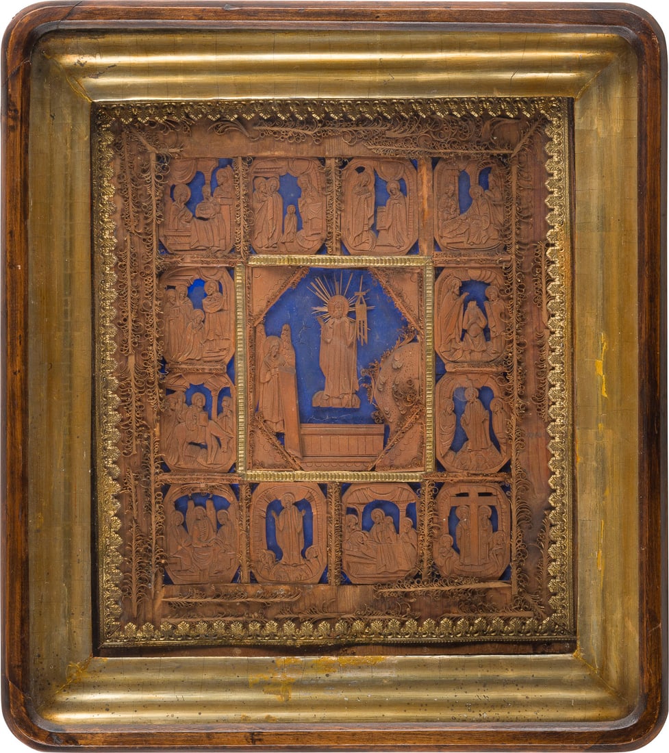 A LARGE AND RARE ICON SHOWING THE RESURRECTION OF CHRIST WITHIN TWELVE MAJOR FEASTS WITHIN: A LARGE AND RARE ICON SHOWING THE RESURRECTION OF CHRIST WITHIN TWELVE MAJOR FEASTS WITHIN KYOT Russian, Sergiyev Posad, Trinity Lavra of St. Sergius, 2nd half 19th century Carved in relief. Minor los