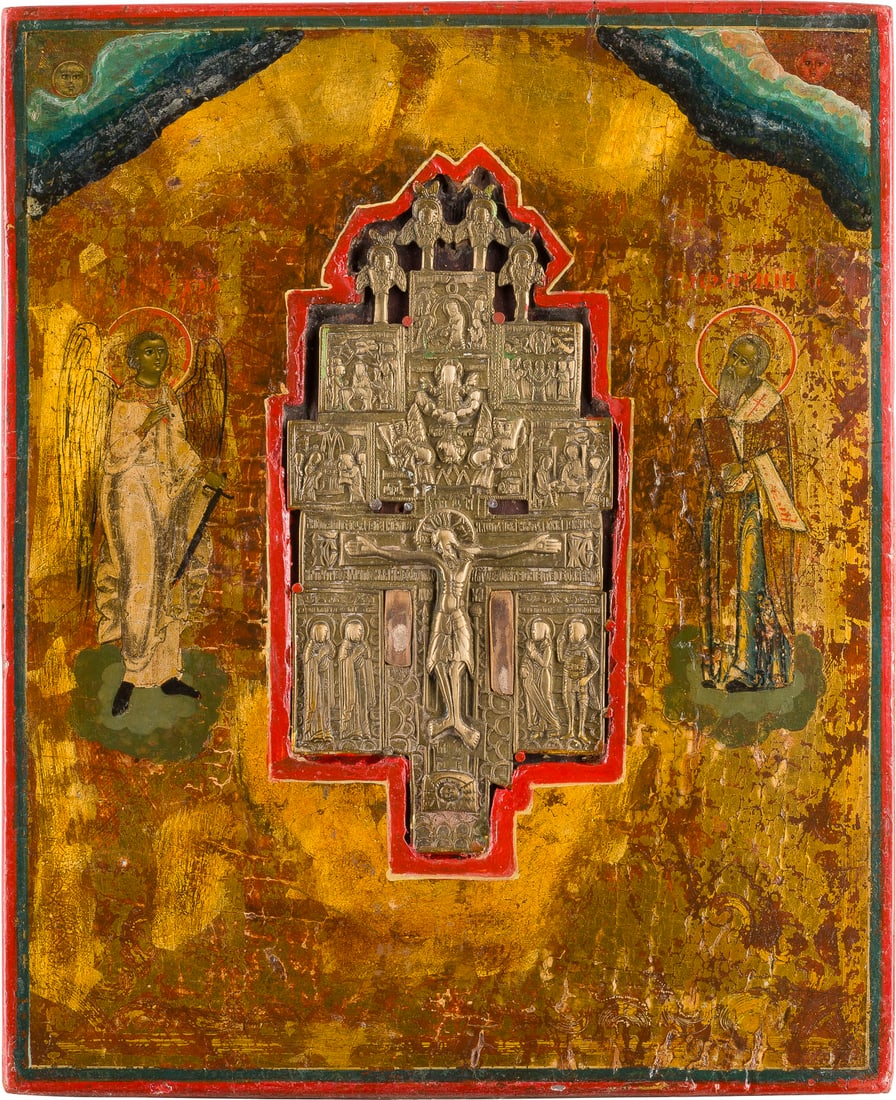 A STAUROTHEK ICON SHOWING THE CRUCIFIXION FLANKED BY THE GUARDIAN ANGEL AND ST. ATHANASIUS: A STAUROTHEK ICON SHOWING THE CRUCIFIXION FLANKED BY THE GUARDIAN ANGEL AND ST. ATHANASIUS Russian, 19th century Tempera on wood panel. On gold ground. A brass crucifix set into the panel. Wearings, p