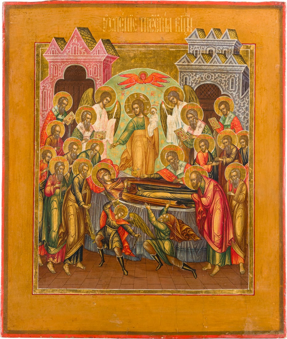 AN ICON SHOWING THE DORMITION OF THE MOTHER OF GOD: AN ICON SHOWING THE DORMITION OF THE MOTHER OF GOD Russian, 19th century Tempera on wood panel with kovcheg. The haloes and background made of gold. Areas of retouching. 35.4 x 30.2 cm.Zeichen(10)IKON