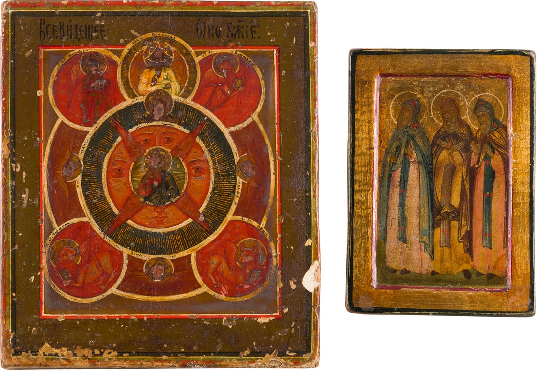 TWO SMALL ICONS SHOWING THE ALL-SEEYING EYE OF GOD AND THREE SAINTS: TWO SMALL ICONS SHOWING THE ALL-SEEYING EYE OF GOD AND THREE SAINTS Russian, 19th century Tempera on wood panels with kovcheg. The background made of gold. Damages to the edges. 17.7 x 15.2 cm / 12.6 