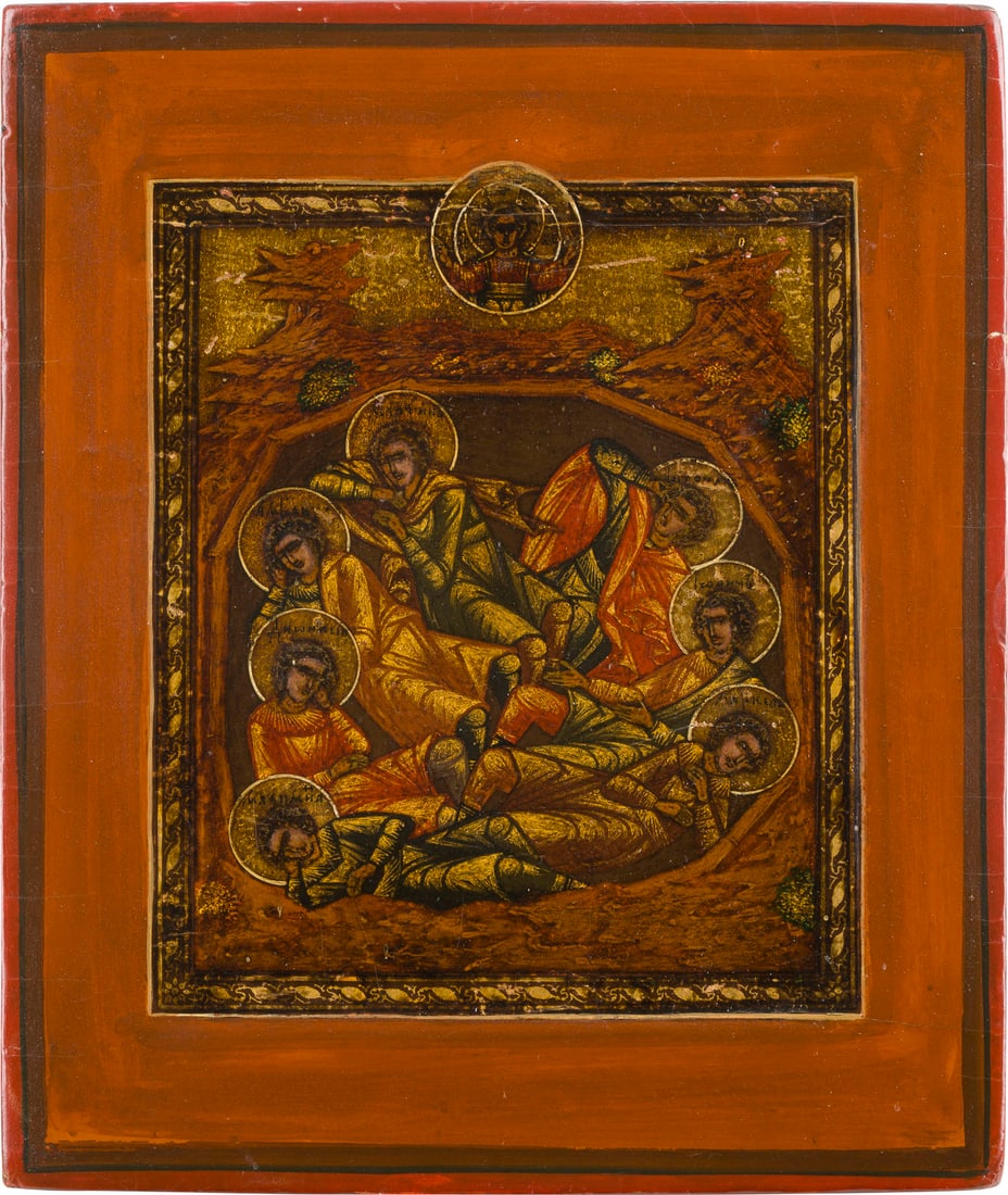 A SMALL ICON SHOWING THE SEVEN SLEEPERS OF EPHESOS: A SMALL ICON SHOWING THE SEVEN SLEEPERS OF EPHESOS Russian, 19th century Tempera on wood panel with kovcheg. The haloes and background made of gold. Minor areas of retouching. 21.7 x 18.3 cm. KLEINE I