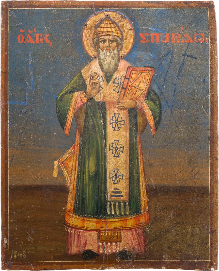 A DATED ICON SHOWING ST. SPYRIDON: A DATED ICON SHOWING ST. SPYRIDON Greek, dated 1848 Oil on wood panel. The halo and hems of the garments made of gold. Dated lower left '1848'. Vertical crack restored. 23.3 x 18.8 cm. DATIERTE IKONE 