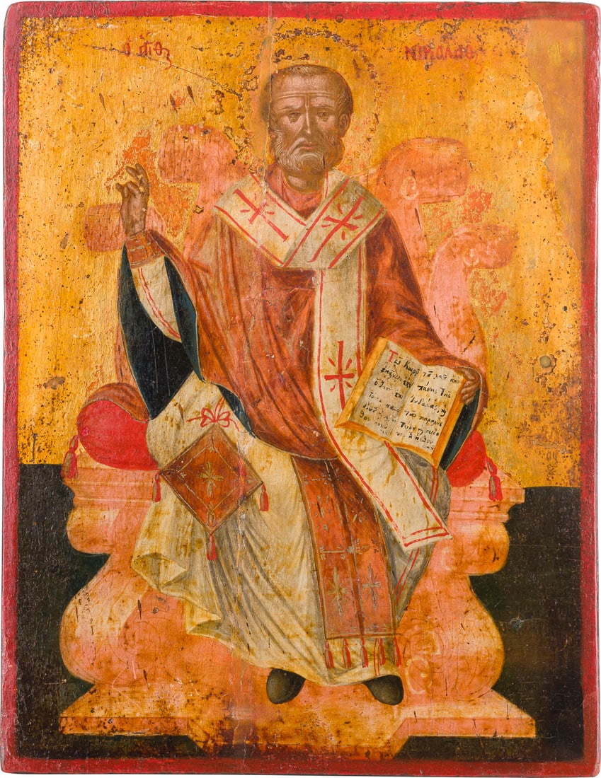AN ICON SHOWING ST. NICHOLAS OF MYRA: AN ICON SHOWING ST. NICHOLAS OF MYRA Greek, circa 1700 Tempera on wood panel. Finely executed on a gold ground. Vertical crack restored, areas of retouching. 36.3 x 27.8 cm. IKONE MIT DEM HEILIGEN NIK
