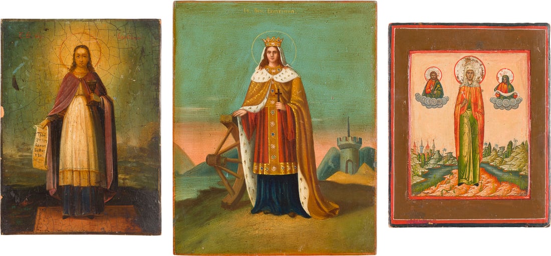 THREE SMALL ICONS SHOWING MARTYR SAINTS: STS. CATHERINE, BARBARA AND PARASKEVA: THREE SMALL ICONS SHOWING MARTYR SAINTS: STS. CATHERINE, BARBARA AND PARASKEVA Russian, 19th century / circa 1900 Tempera / oil on wood panels. The haloes made of silver. Partially restored. 17.8-22.1