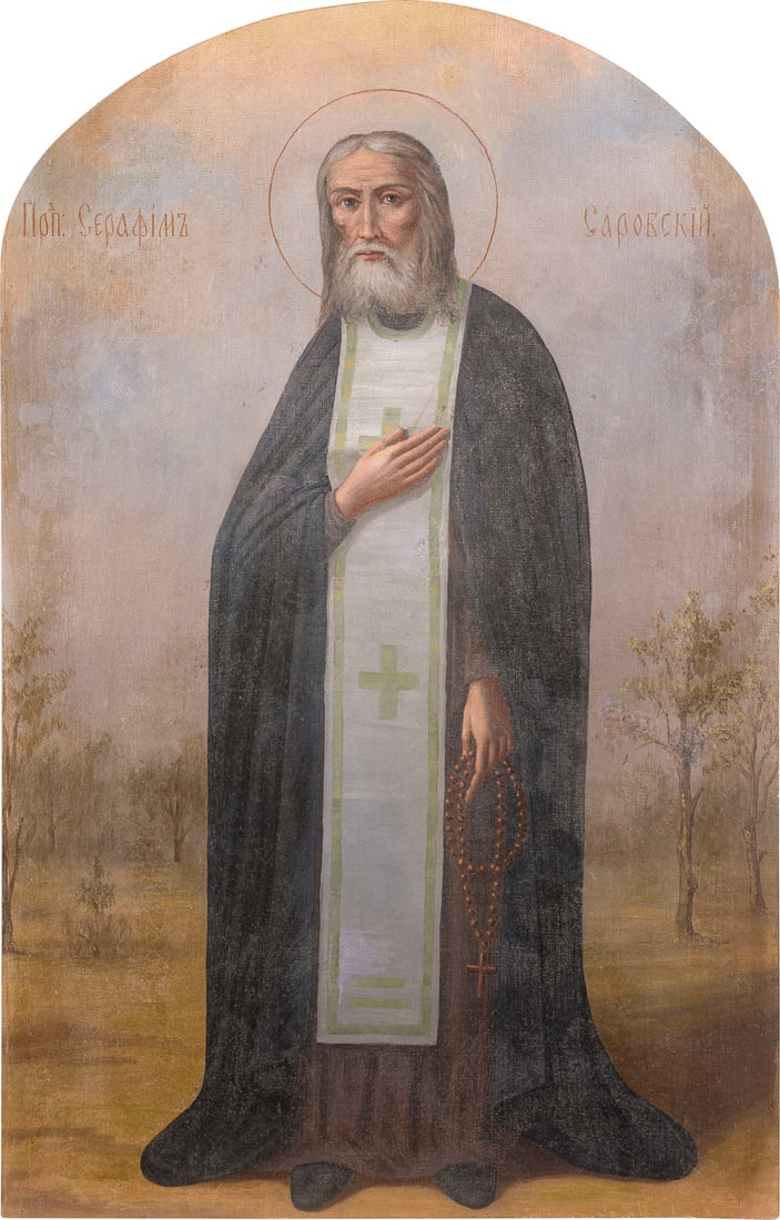 A MONUMENTAL ICON SHOWING ST. SERAPHIM OF SAROV: A MONUMENTAL ICON SHOWING ST. SERAPHIM OF SAROV Russian, after 1903 Oil on canvas laid down on a wood panel. Restorations. 97.3 x 62 cm. MONUMENTALE IKONE MIT DEM HEILIGEN SERAFIM VON SAROW Russland, 