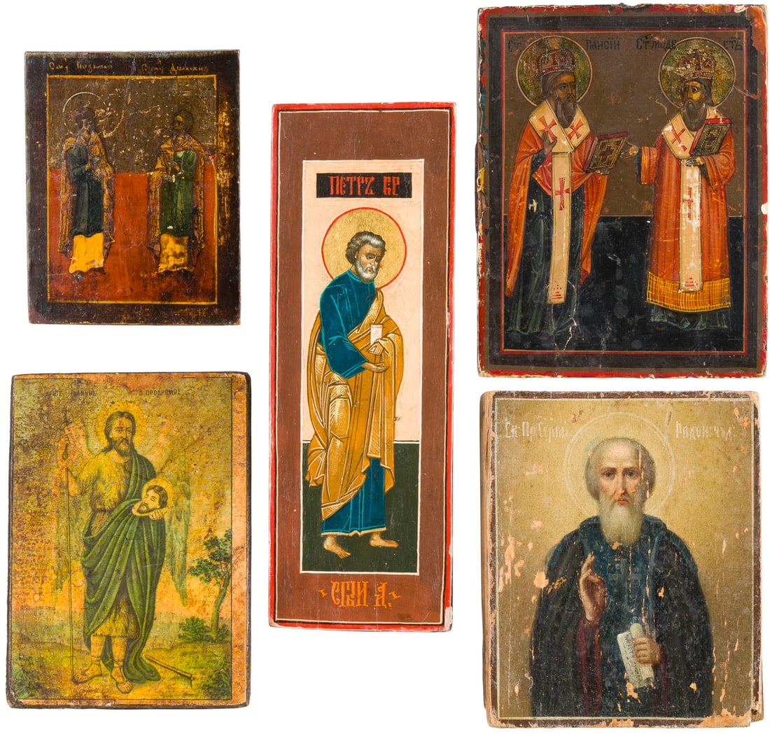 FIVE SMALL ICONS SHOWING SELECTED SAINTS: FIVE SMALL ICONS SHOWING SELECTED SAINTS Russian, 19th century Tempera / oil on wood panels / imprint on paper laid down on wood panel. Wearings, losses, restored. 11-20.3 cm high. FÜNF KLEINFORM