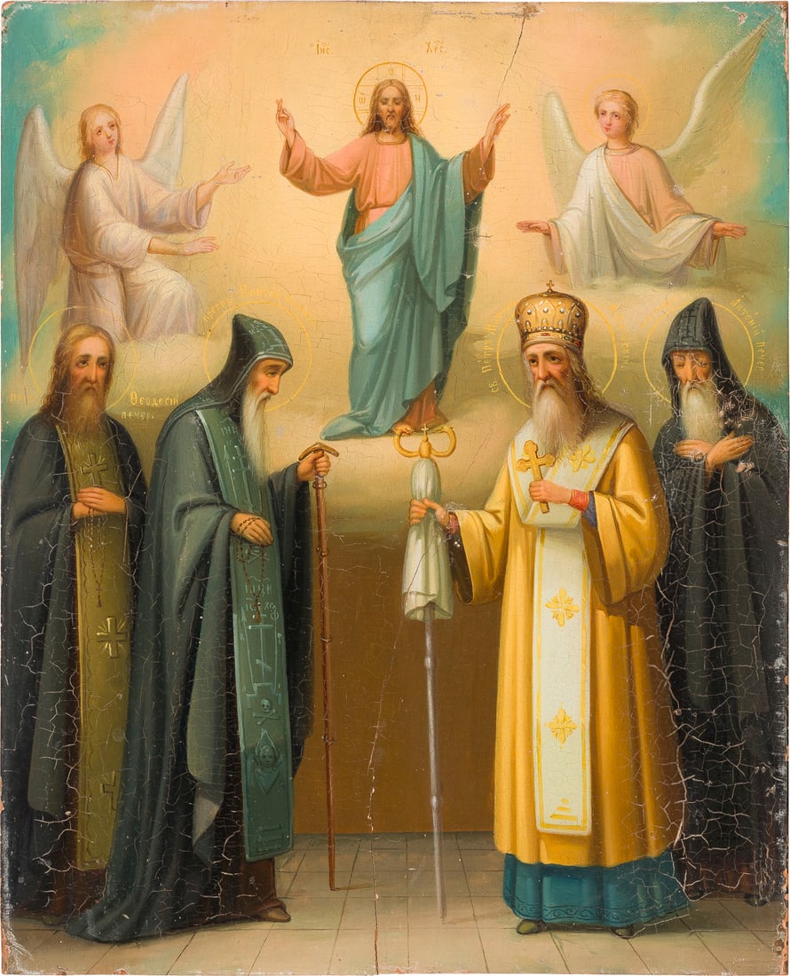 A SMALL ICON SHOWING CHRIST AND FOUR SELECTED SAINTS: A SMALL ICON SHOWING CHRIST AND FOUR SELECTED SAINTS Russian, 2nd half 19th century Oil on wood panel. Minor vertical crack. 28.1 x 23 cm. KLEINE PATRONATSIKONE MIT CHRISTUS UND VIER AUSGEWÄHLTEN
