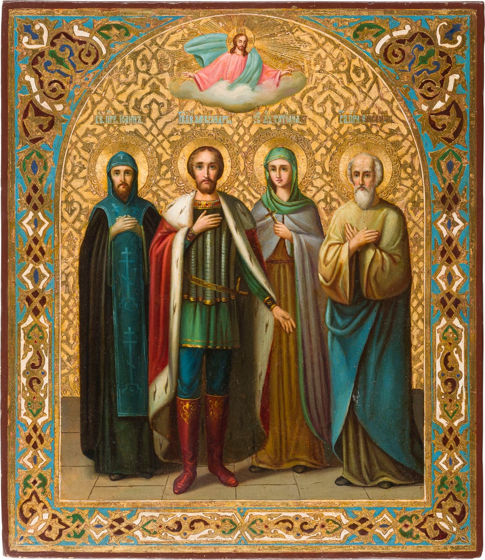 AN ICON SHOWING STS. JOHN, ALEXANDER NEVSKY, TATIANA AND ELISHA: AN ICON SHOWING STS. JOHN, ALEXANDER NEVSKY, TATIANA AND ELISHA Russian, late 19th century Oil on wood panel. The background with etched tracery design, the border emulating contemporary enamelwork. P